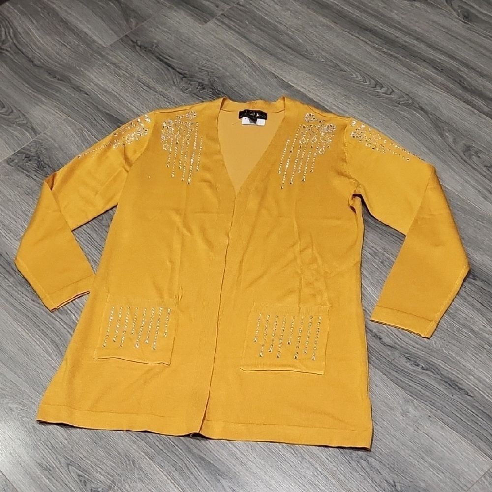 Golden Yellow Floral Gem Long Chore Pocket Open Cardigan Sweater